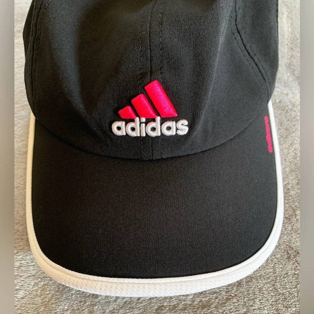adidas Ball Cap with Pink and White Logo and White Piping. Adjustable.